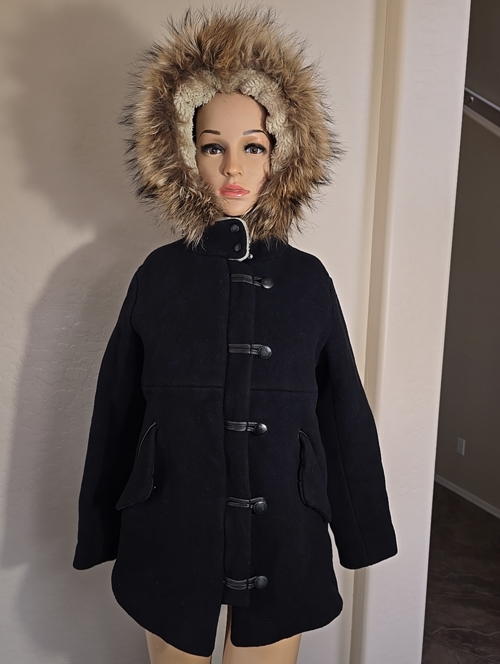 Sandro Paris Black Faux-Fur Toggle Button Trim Hooded Coat Women Size 38